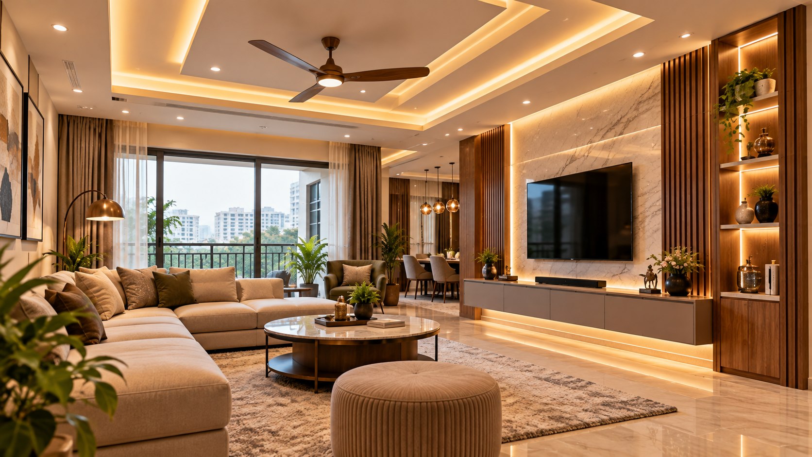Finished living room ceiling and lighting concept