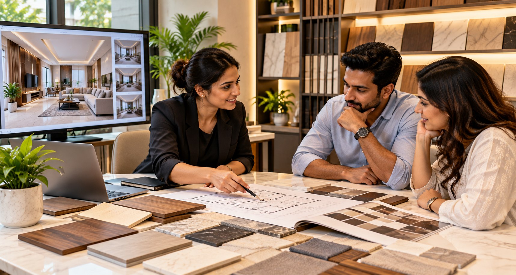 Interior consultant and client reviewing floor plans and finish samples