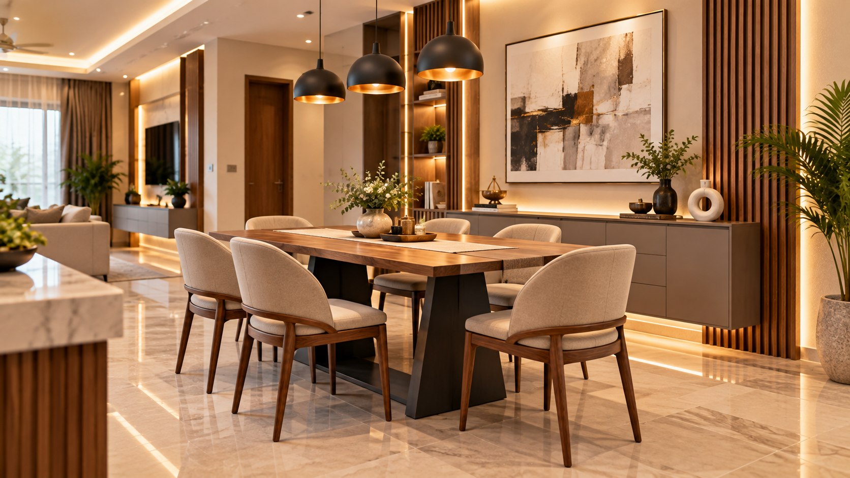 Contemporary dining area with custom furniture